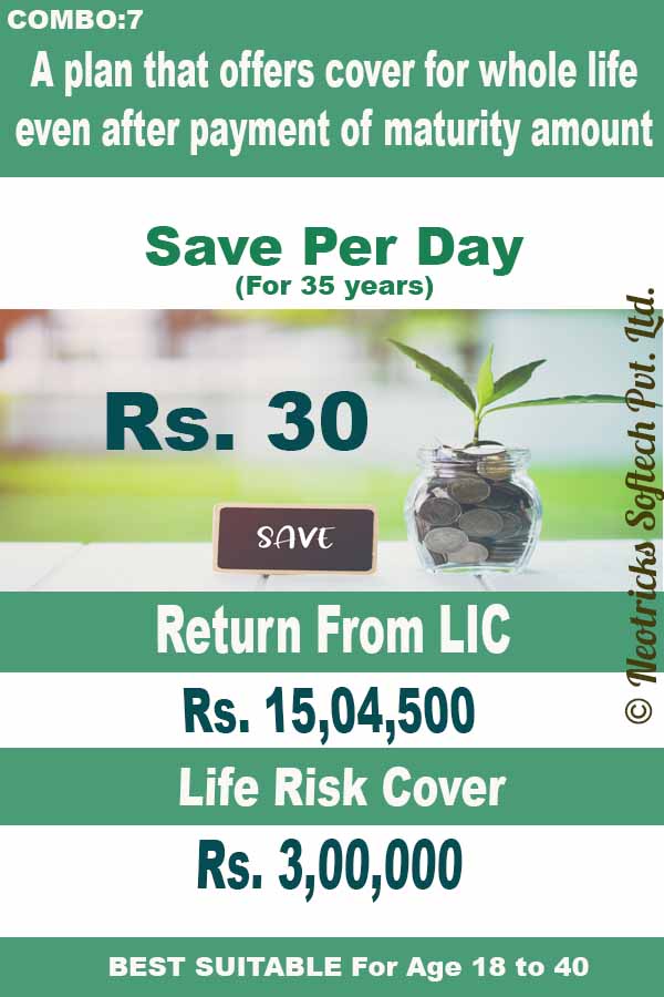 Save Rs. 30 Per Day and Get 15,04,500 and 3 lakh Rs life time risk cover.